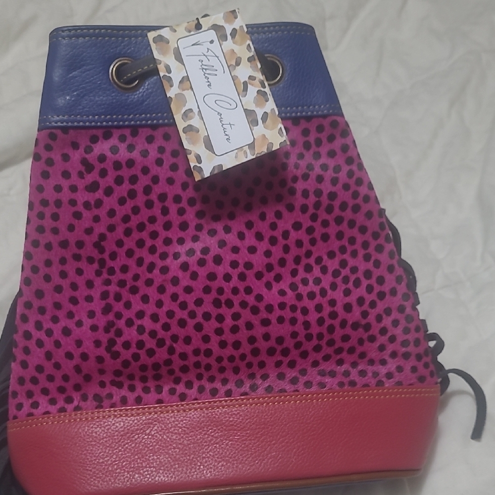 ⭐️⚡️NWT Stylish Pink and Blue Polka Dot Shoulder Bag with Blue Fringe On Sides